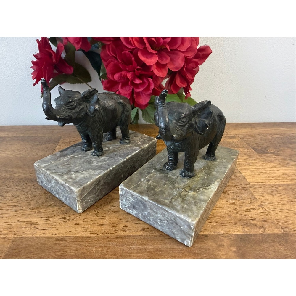 Vintage Elephant Bookends Metal Elephant on Marble‎ Base Mid Century Decor